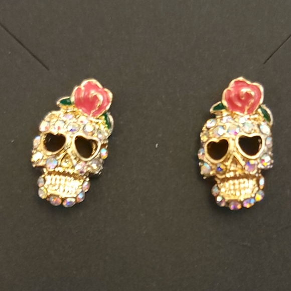 Sugar Skull Rhinestone Earrings - Picture 2 of 2